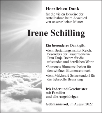Traueranzeige von Irene Schilling von Südthüringer Presse