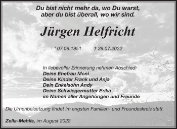 Traueranzeige von Jürgen Helfricht von Südthüringer Presse