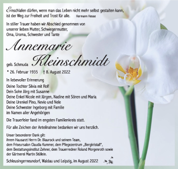 Traueranzeige von Annemarie Kleinschmidt von Südthüringer Presse