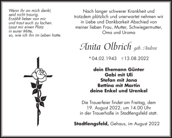 Traueranzeige von Anita Olbrich von Südthüringer Presse