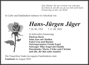 Traueranzeige von Hans-Jürgen Jäger von Südthüringer Presse