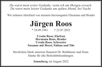 Traueranzeige von Jürgen Roos von Südthüringer Presse