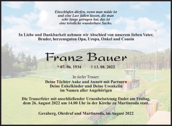 Traueranzeige von Franz Bauer von Südthüringer Presse