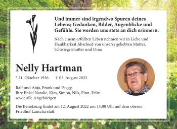 Traueranzeige von Nelly Hartmann von Südthüringer Presse