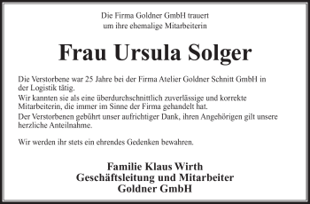 Traueranzeige von Ursula Solger von Frankenpost