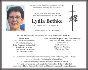 Traueranzeige von Lydia Bethke von Frankenpost
