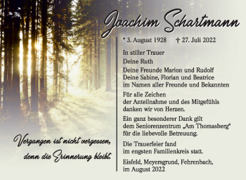 Traueranzeige von JoachimJoachim SchartmannSchartmann von Südthüringer Presse