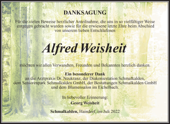 Traueranzeige von Alfred Weisheit von Südthüringer Presse