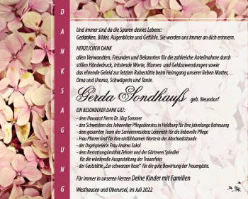 Traueranzeige von Gerda Sondhauß von Südthüringer Presse