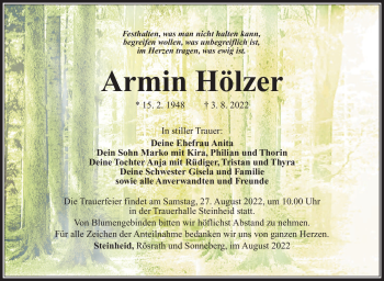 Traueranzeige von Armin Hölzer von Südthüringer Presse