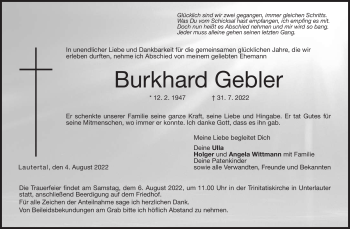 Traueranzeige von Burkhard Gebler von Neue Presse Coburg