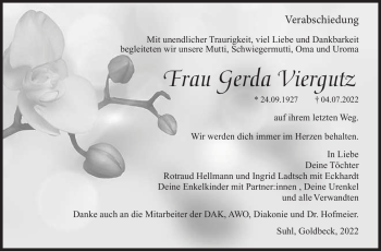 Traueranzeige von Gerda Viergutz von Südthüringer Presse