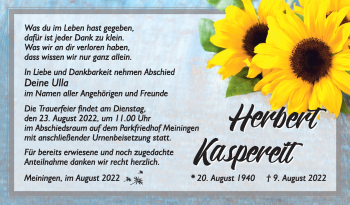 Traueranzeige von Herbert Kaspareit von Südthüringer Presse