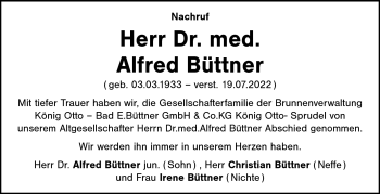 Traueranzeige von Alfred Büttner von Frankenpost