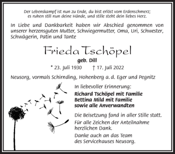 Traueranzeige von Frieda Tschöpel von Frankenpost