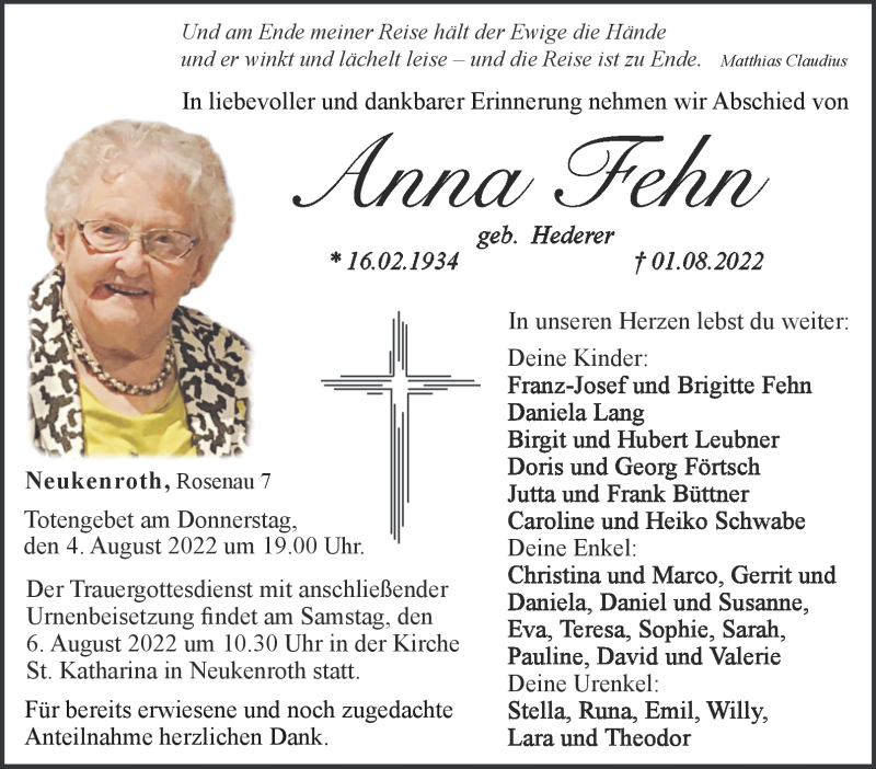  Traueranzeige für Anna Fehn vom 04.08.2022 aus Neue Presse Coburg