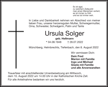 Traueranzeige von Ursula Solger von Frankenpost