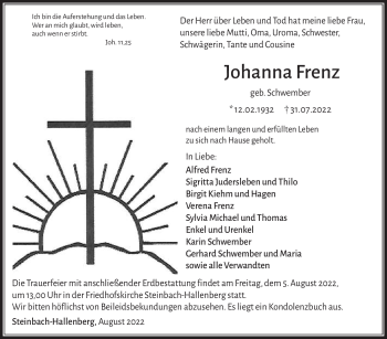 Traueranzeige von Johanna Frenz von Südthüringer Presse