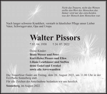 Traueranzeige von Walter Pissore von Südthüringer Presse