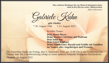 Traueranzeige von Gabriele Kuhn von Südthüringer Presse