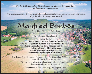Traueranzeige von Manfred Bimbös von Südthüringer Presse