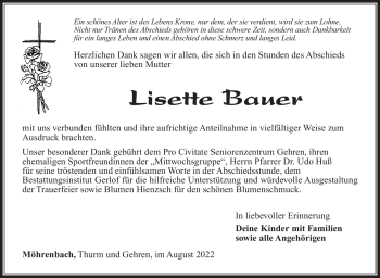 Traueranzeige von Lisette Bauer von Südthüringer Presse