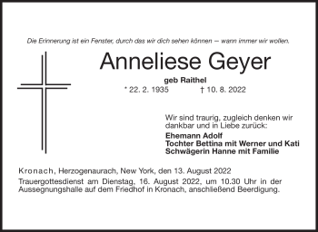 Traueranzeige von Anneliese Geyer von Neue Presse Coburg