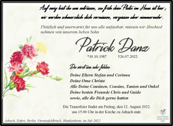 Traueranzeige von Patrick Danz von Südthüringer Presse
