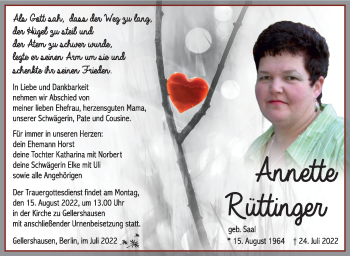 Traueranzeige von Annette Rüttinger von Südthüringer Presse