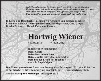 Traueranzeige von Hartwig Wiener von Südthüringer Presse