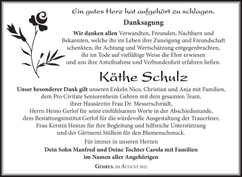 Traueranzeige von Käthe Schulz von Südthüringer Presse