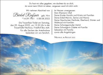 Traueranzeige von Bärbel Reußner von Südthüringer Presse
