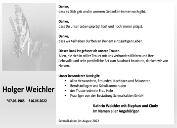 Traueranzeige von Holger Weichler von Südthüringer Presse