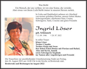 Traueranzeige von Ingrid Löser von Südthüringer Presse