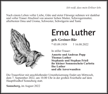 Traueranzeige von Erna Luther von Südthüringer Presse