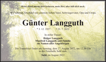 Traueranzeige von Günter Langguth von Südthüringer Presse