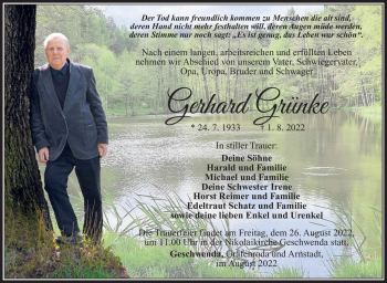 Traueranzeige von Gerhard Grünke von Südthüringer Presse