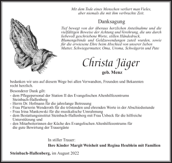 Traueranzeige von Christa Jäger von Südthüringer Presse