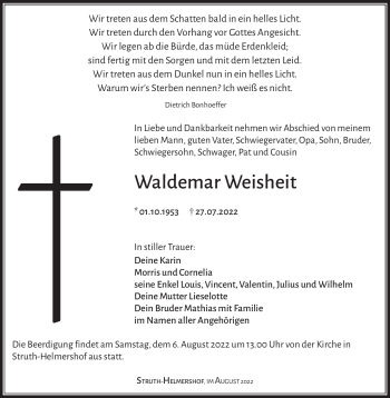 Traueranzeige von Waldemar Weisheit von Südthüringer Presse