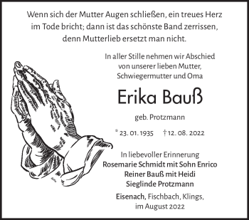 Traueranzeige von Erika Bauß von Südthüringer Presse