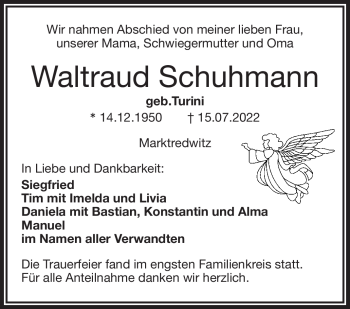 Traueranzeige von Waltraud Schuhmann von Frankenpost