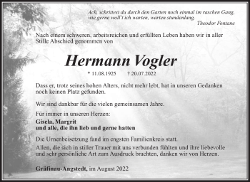 Traueranzeige von Hermann Vogler von Südthüringer Presse