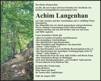 Traueranzeige von Achim Langenhan von Südthüringer Presse