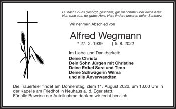 Traueranzeige von Alfred Wegmann von Frankenpost