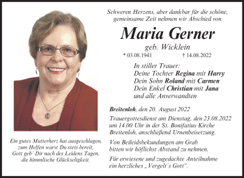 Traueranzeige von Maria Gerner von Neue Presse Coburg