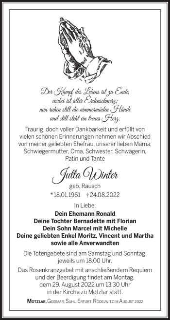 Traueranzeige von Jutta Winter von Südthüringer Presse