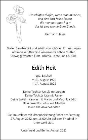 Traueranzeige von Edith Heit von Südthüringer Presse