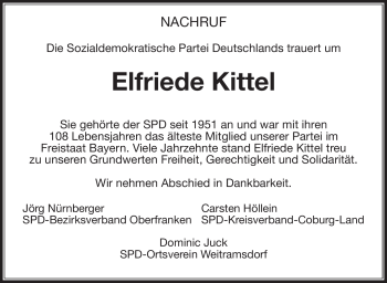 Traueranzeige von Elfriede Kittel von Neue Presse Coburg