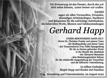 Traueranzeige von Gerhard Happ von Südthüringer Presse