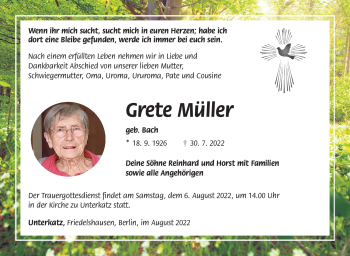 Traueranzeige von Grete Müller von Südthüringer Presse